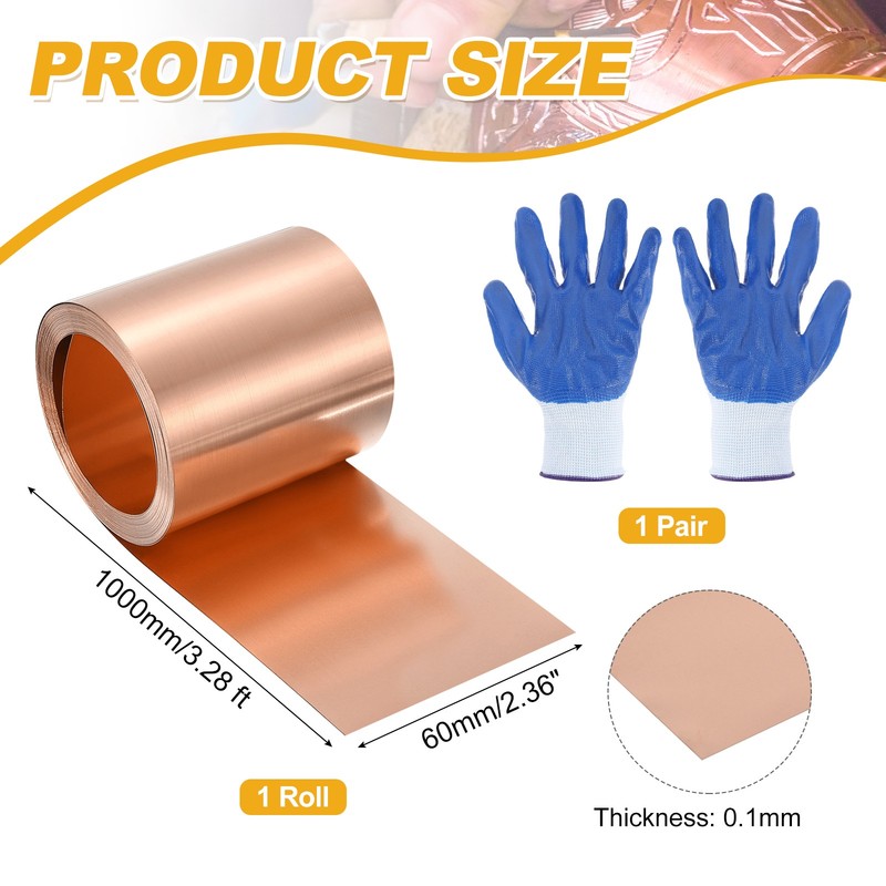 3.28ft Copper Sheet Roll, 1000x60x0.1mm Pure Copper Strip with Gloves gallery