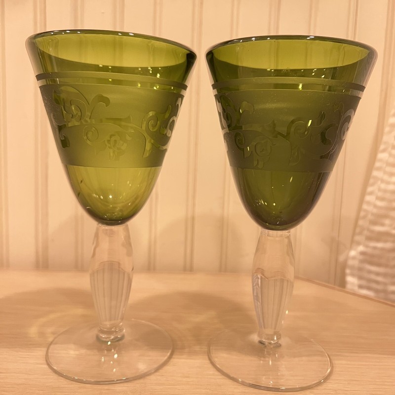 Green Glasses 2 with Etching Stemmed Goblets Water Wine Drinking 8” 9 Ounces gallery