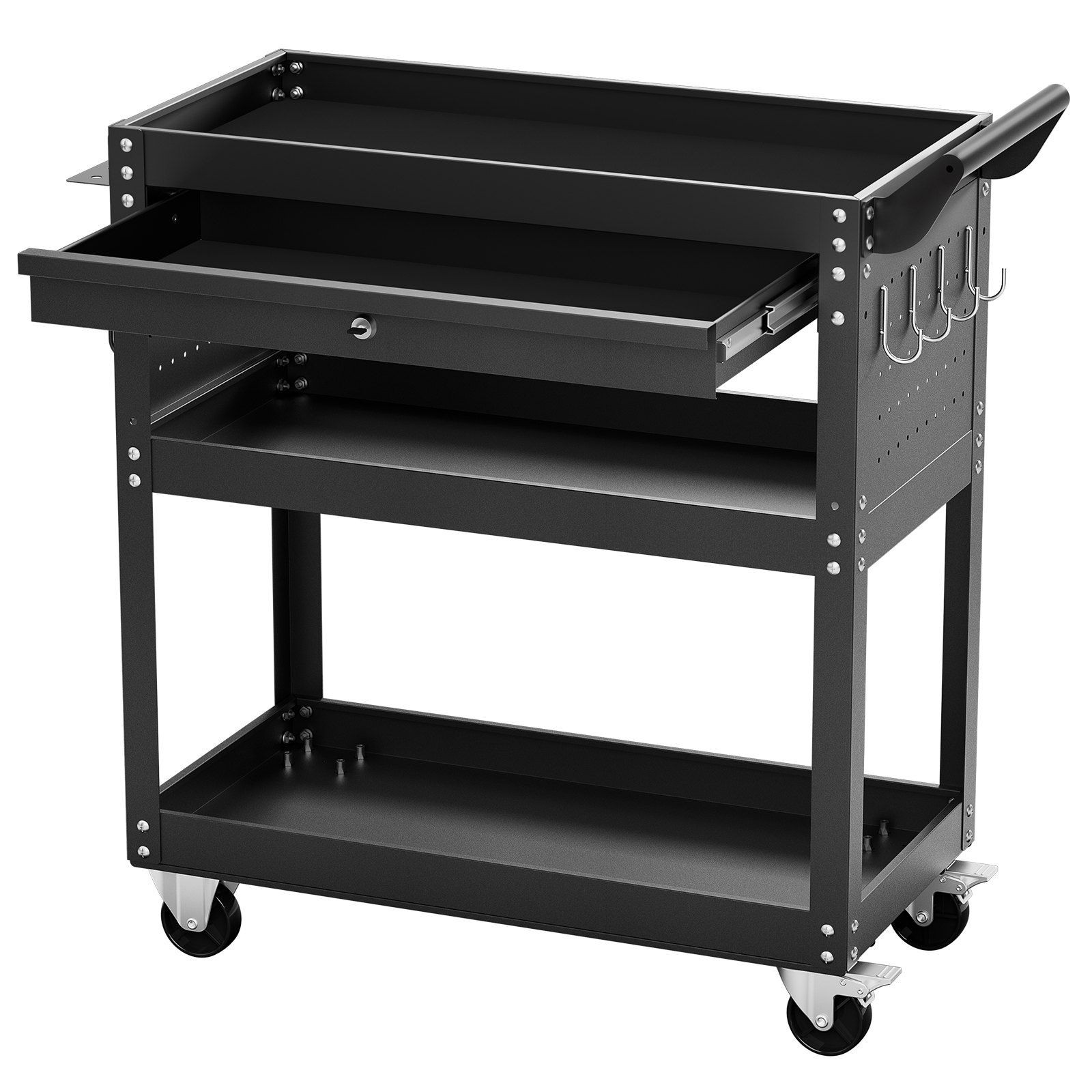 350lb 4-Tier Assembled Tool Cart w/ Locking Drawer Pegboard Black gallery