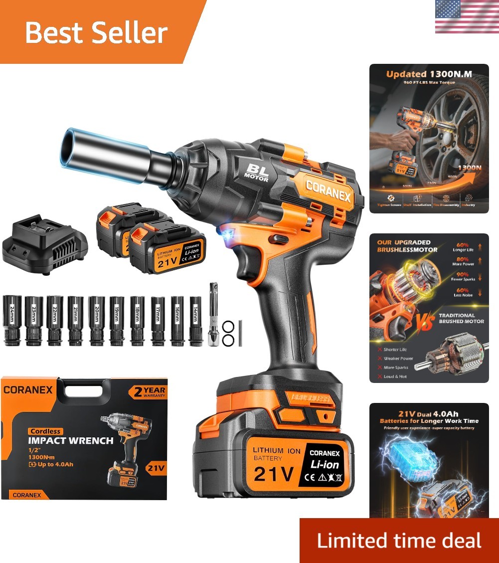 High Torque 1/2" Cordless Impact Wrench - 1300N.m, 2x4.0Ah Batteries Included gallery