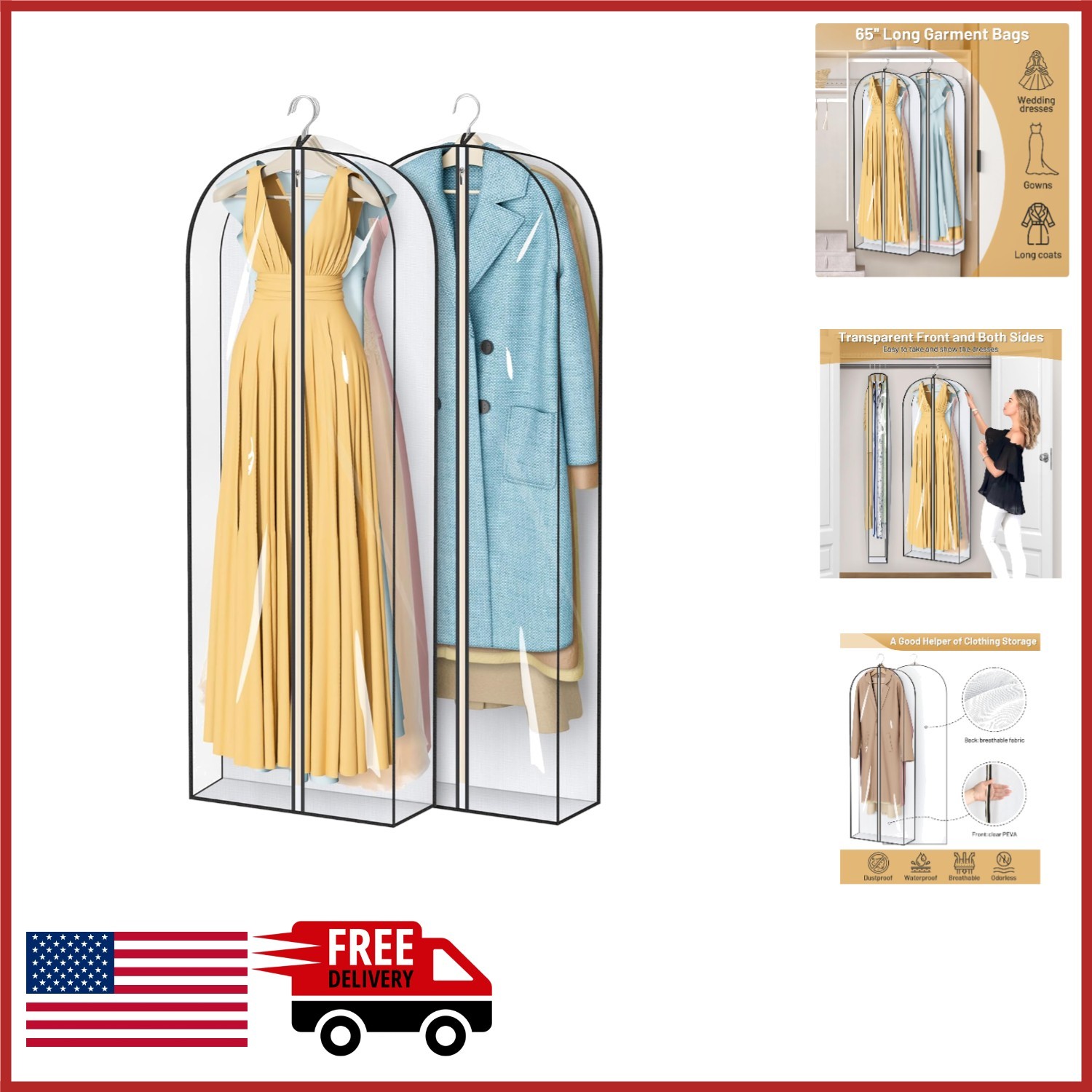 Hanging Clothes Storage Bags 65" Clear Dress Covers with Breathable Back gallery