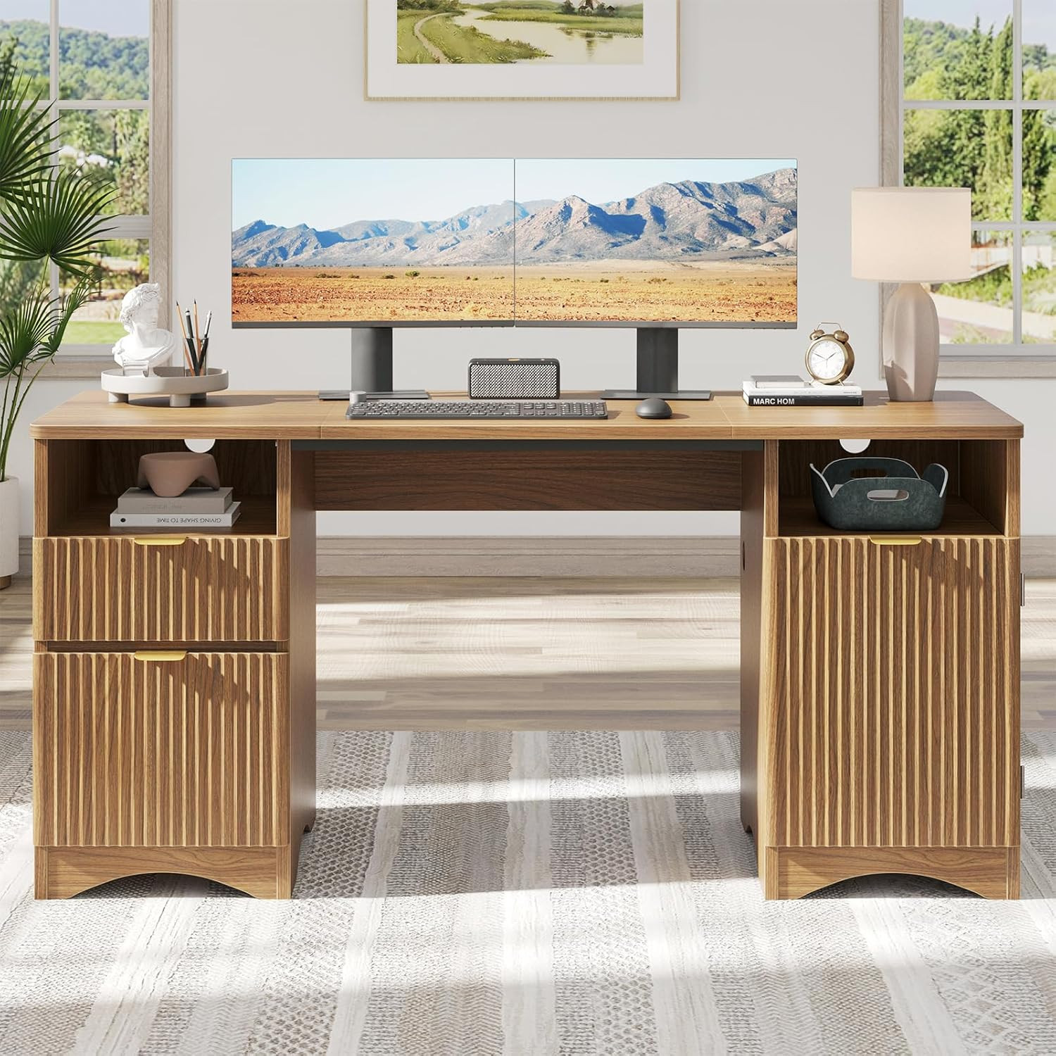 Modern 59" Office Desk with 2 Drawers & File Cabinet, Natural Oak Finish gallery