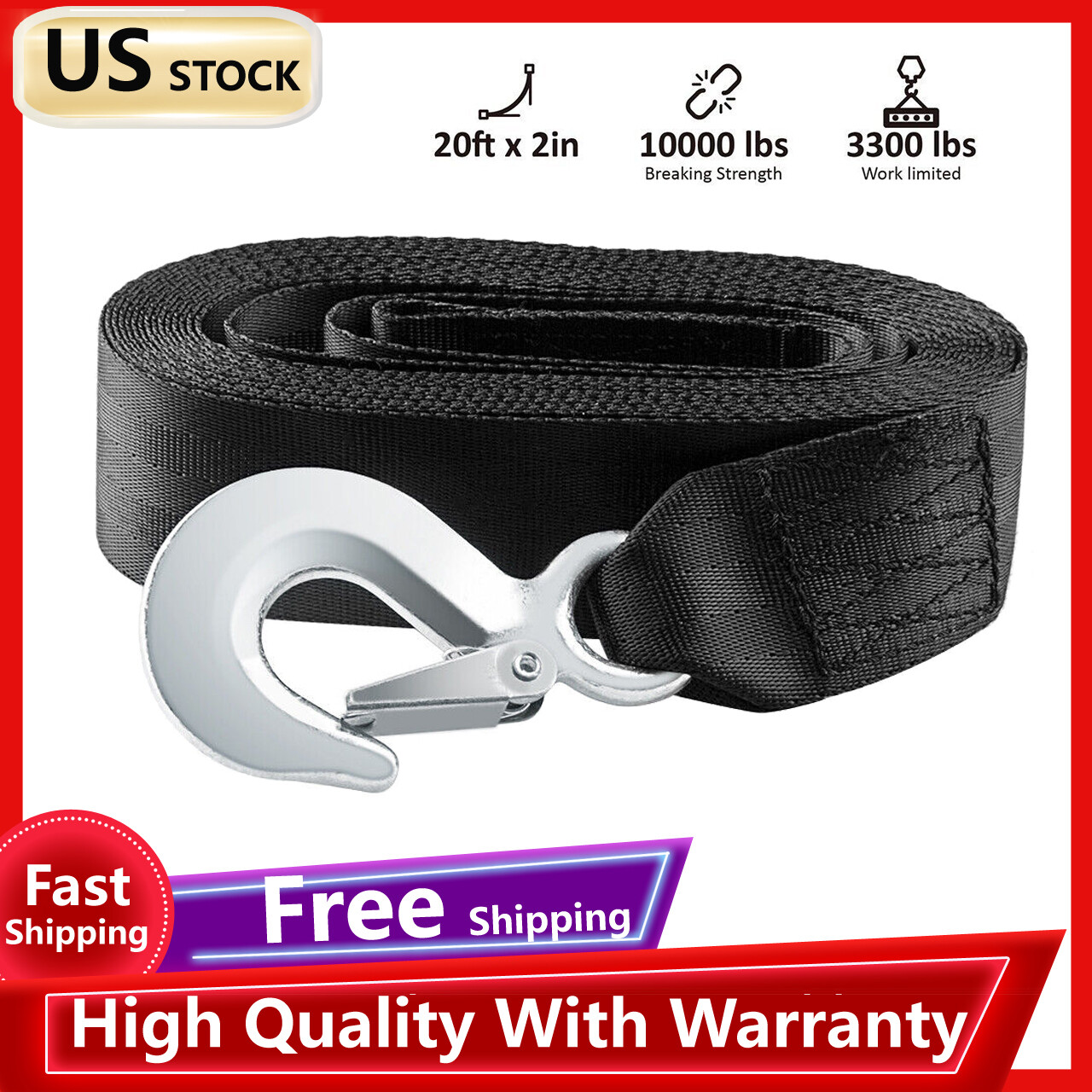 Heavy Duty Tow Boat Trailer Winch Strap with Snap Hook 2" x 20' 10,000 lbs Rope gallery