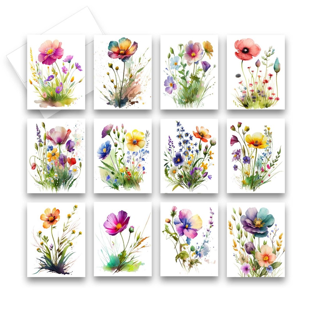 12 Assorted All Occasion Note Cards Blank with Envelopes - Wildflowers