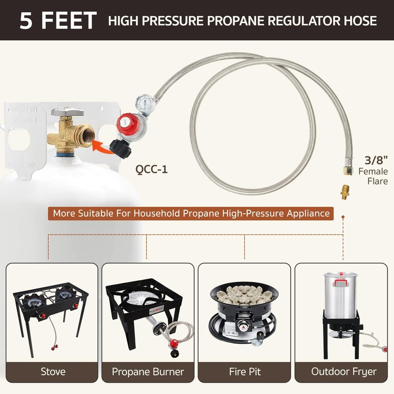 0-30 PSI Adjustable Propane Regulator, 5FT Stainless Braided Hose & Gauge for LP gallery
