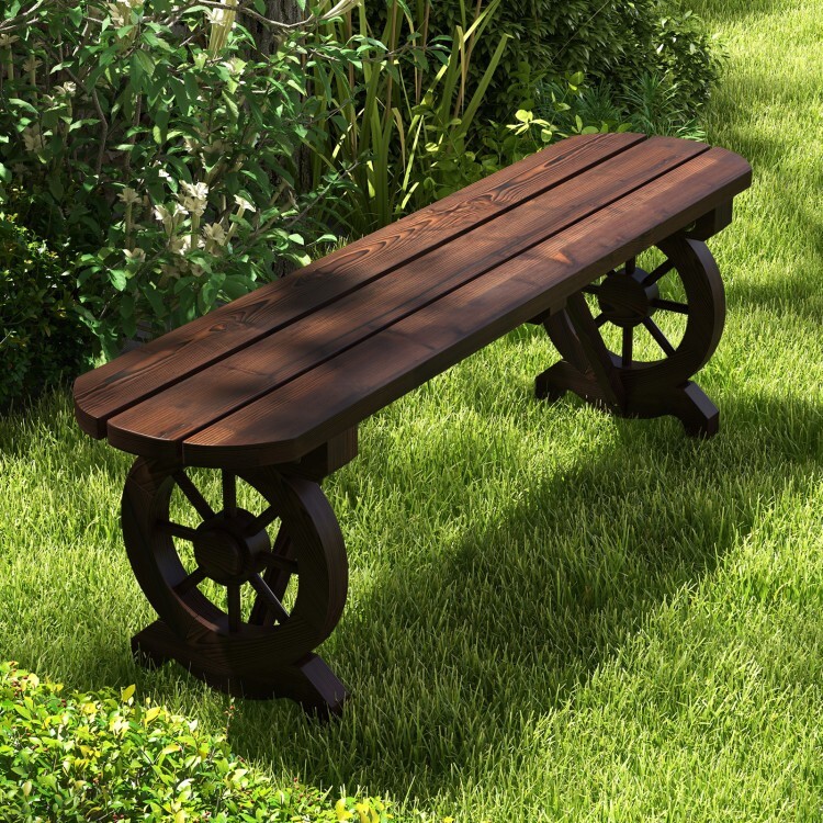 Rustic Wood Bench Seat Patio Outdoor Garden Without Backrest w/ Wagon Wheel Base gallery