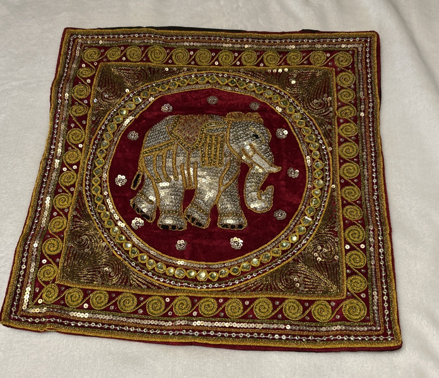Thai Padded Elephant Velvet Square Pillow Cover Beaded and Hand Made 16 x 16 in gallery