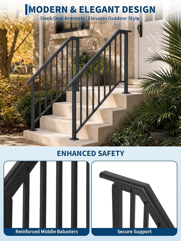 2/3/4 Steps Outdoor Handrails Adjustable Stair Handrail Railing with Balusters gallery