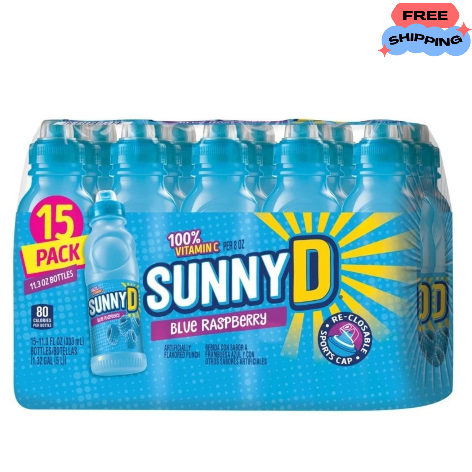 New SUNNYD Blue Raspberry Shelf Stable Juice Drink, 15 Count, 11.3 fl oz Bottles gallery