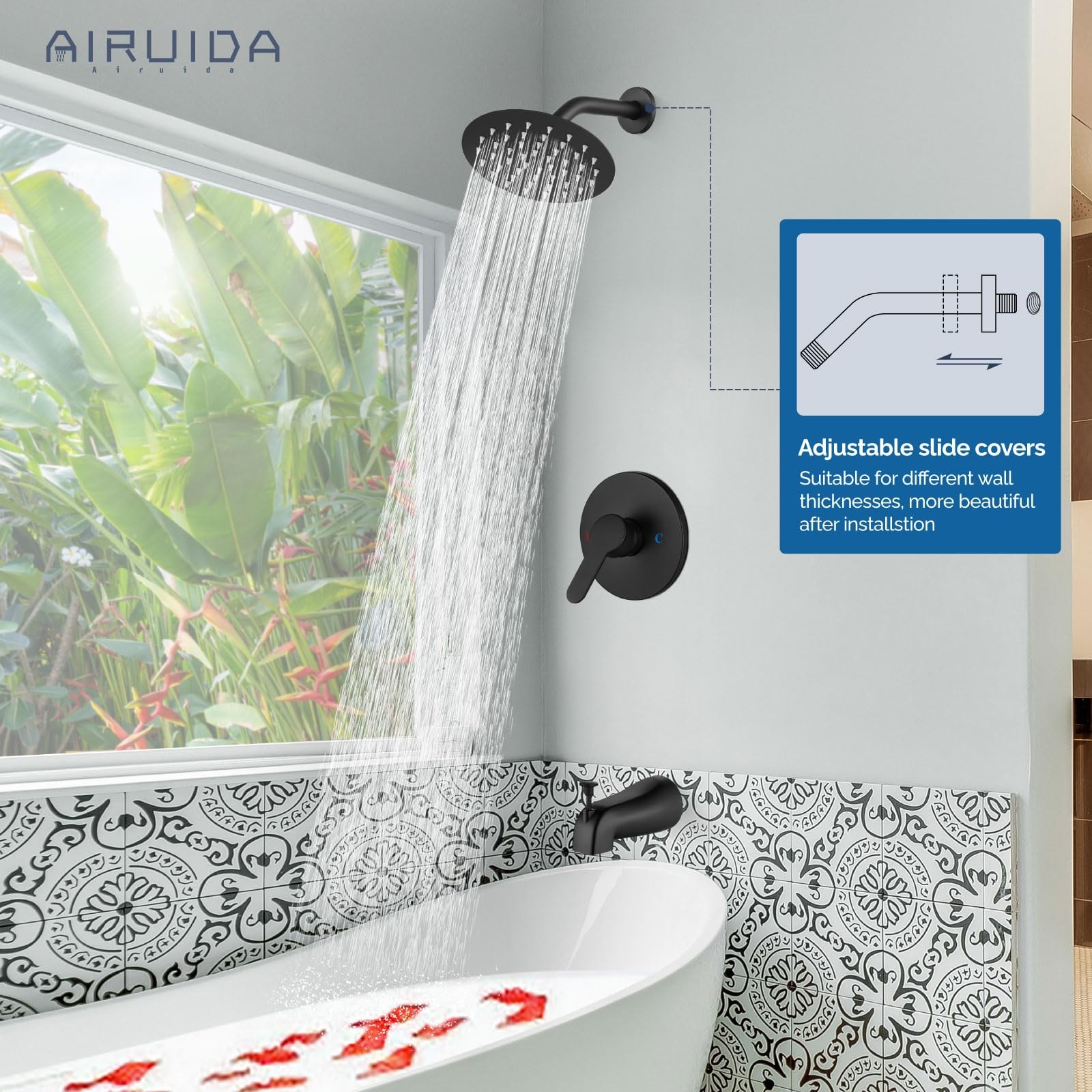 Shower Faucet Set 6 Inch Round Rainfall Head Tub Trim Matte Black Airuida Spout gallery