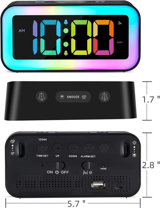 Compact USB Alarm Clock with Loud 95 dB Alarm & Adjustable RGB Display – Black gallery