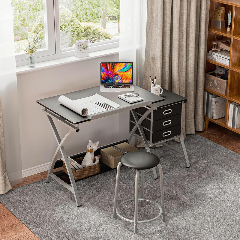 ZENY Drafting Table and Stool, Tilted Draft Table Desk W/Drawers, Artist Drawing gallery