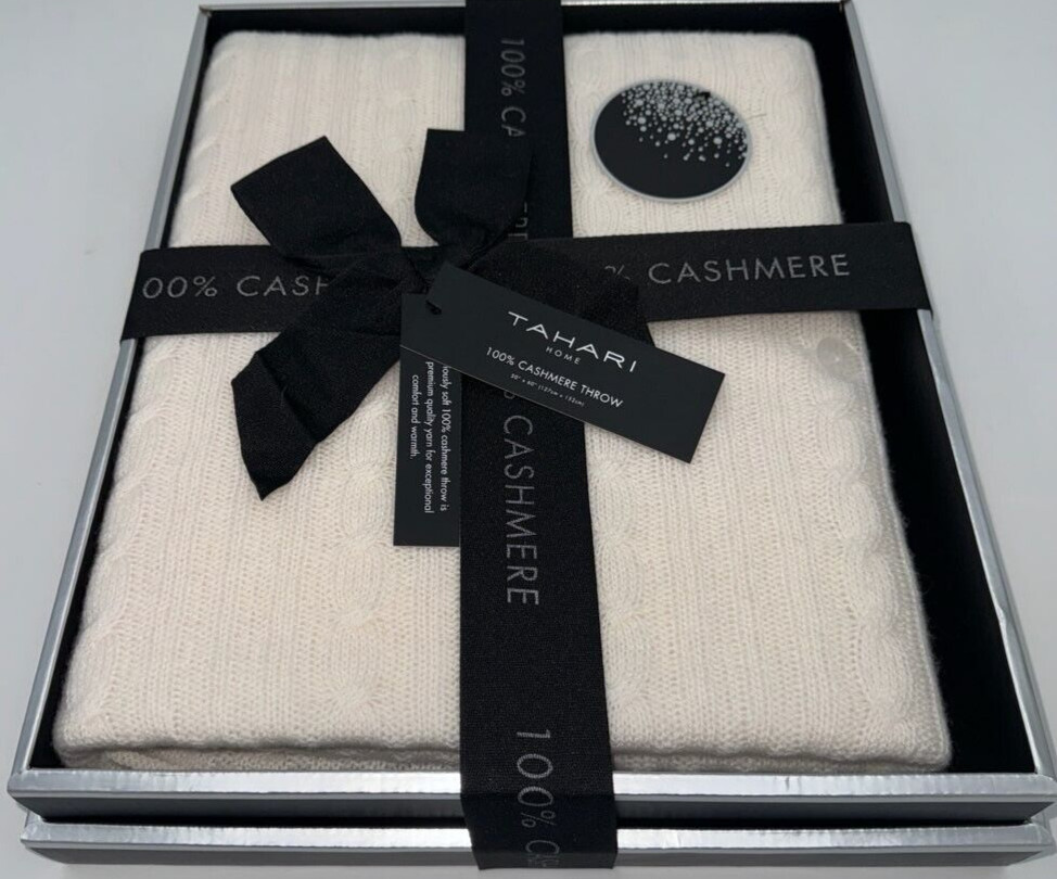 Tahari Pure Cashmere Throw Blanket Cable Knit Ivory Off White; NIB gallery