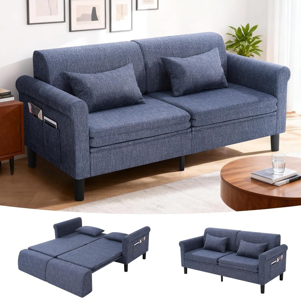 Sofa Bed Sleeper Convertible Pull-Out Bed Couch with Storage Pockets & 2 Pillows
