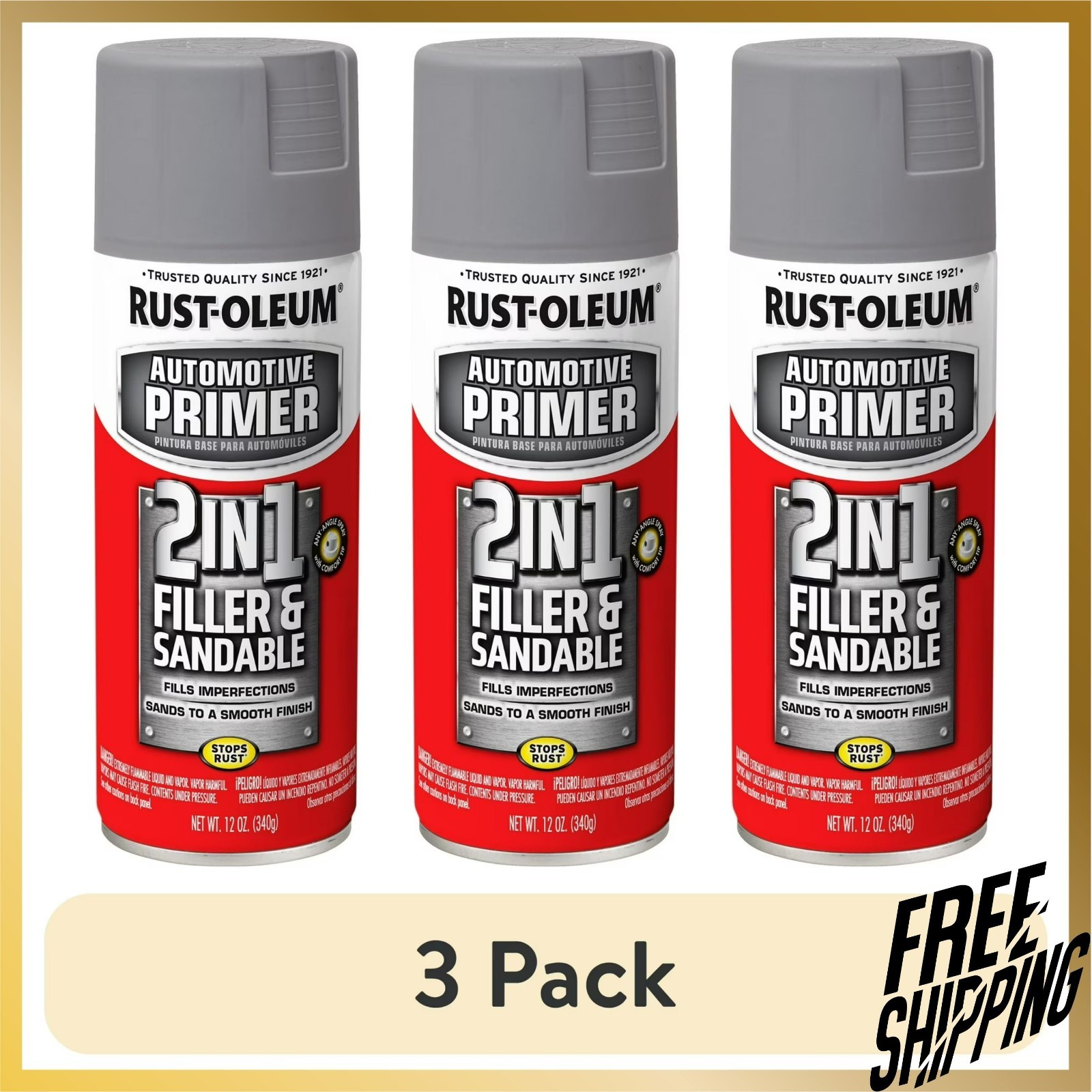 3 Pack Rust-Oleum Automotive 2 in 1 Filler Sandable Primer Spray Paint 12oz Gray gallery
