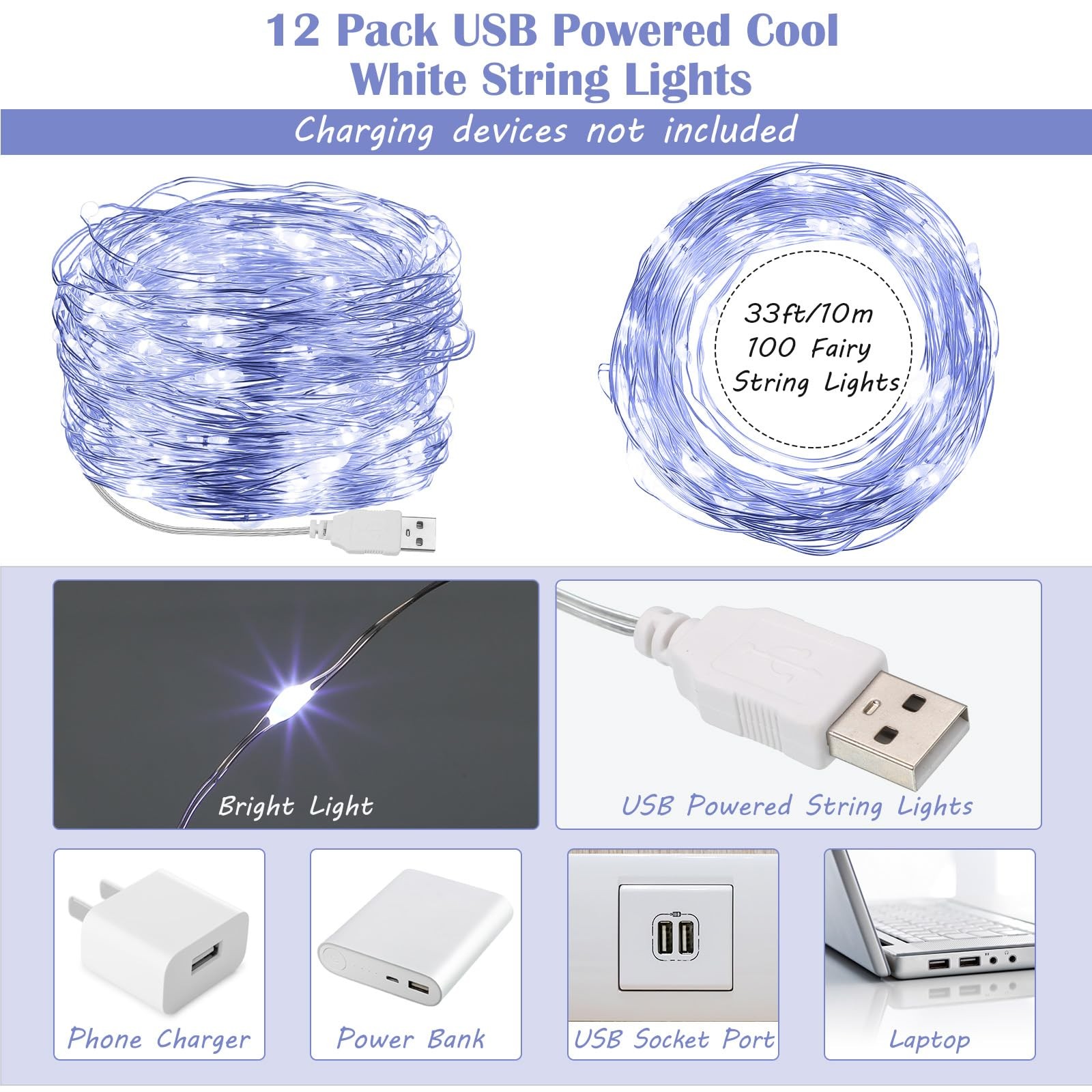 12 Pcs USB String Lights 33 ft 100 LED Fairy Lights Powered String for Christ... gallery