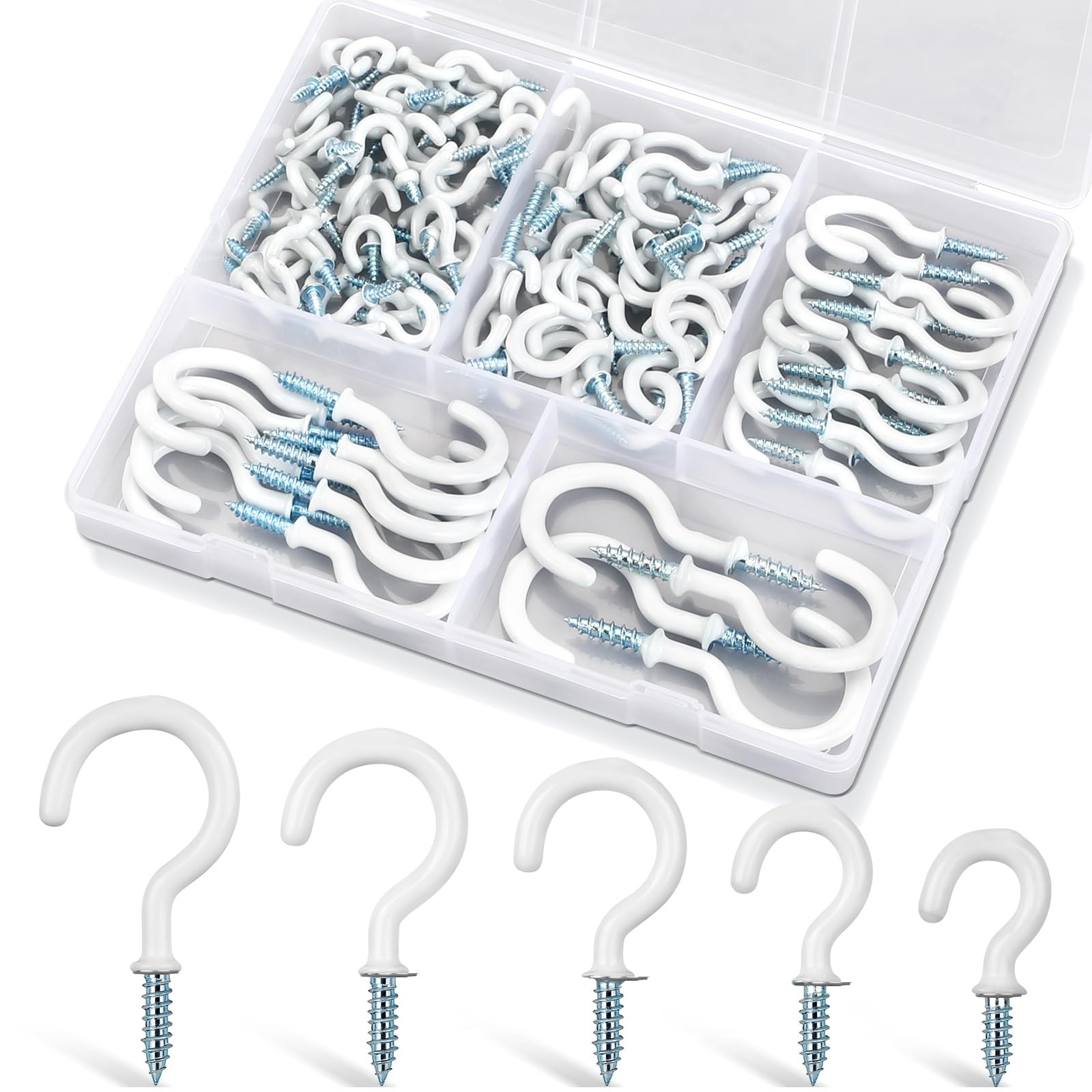 110Pcs Premium Screw Hooks, 5 Sizes White Vinyl Coated Cup Hook, from1/2 in Smal gallery