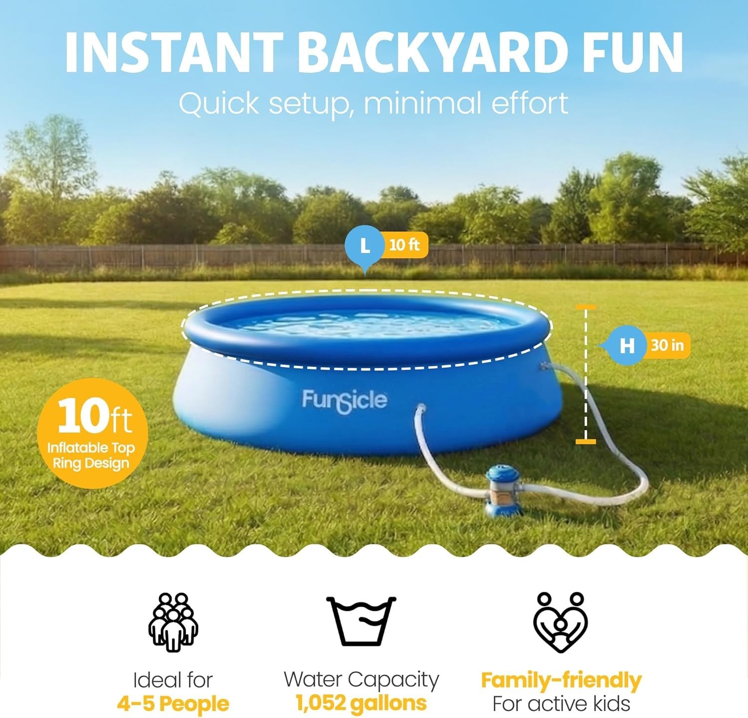 Above Ground Pool, 10'x30" Round Quickset w/ 400 GPH Pump, Type I Cart & Patch gallery