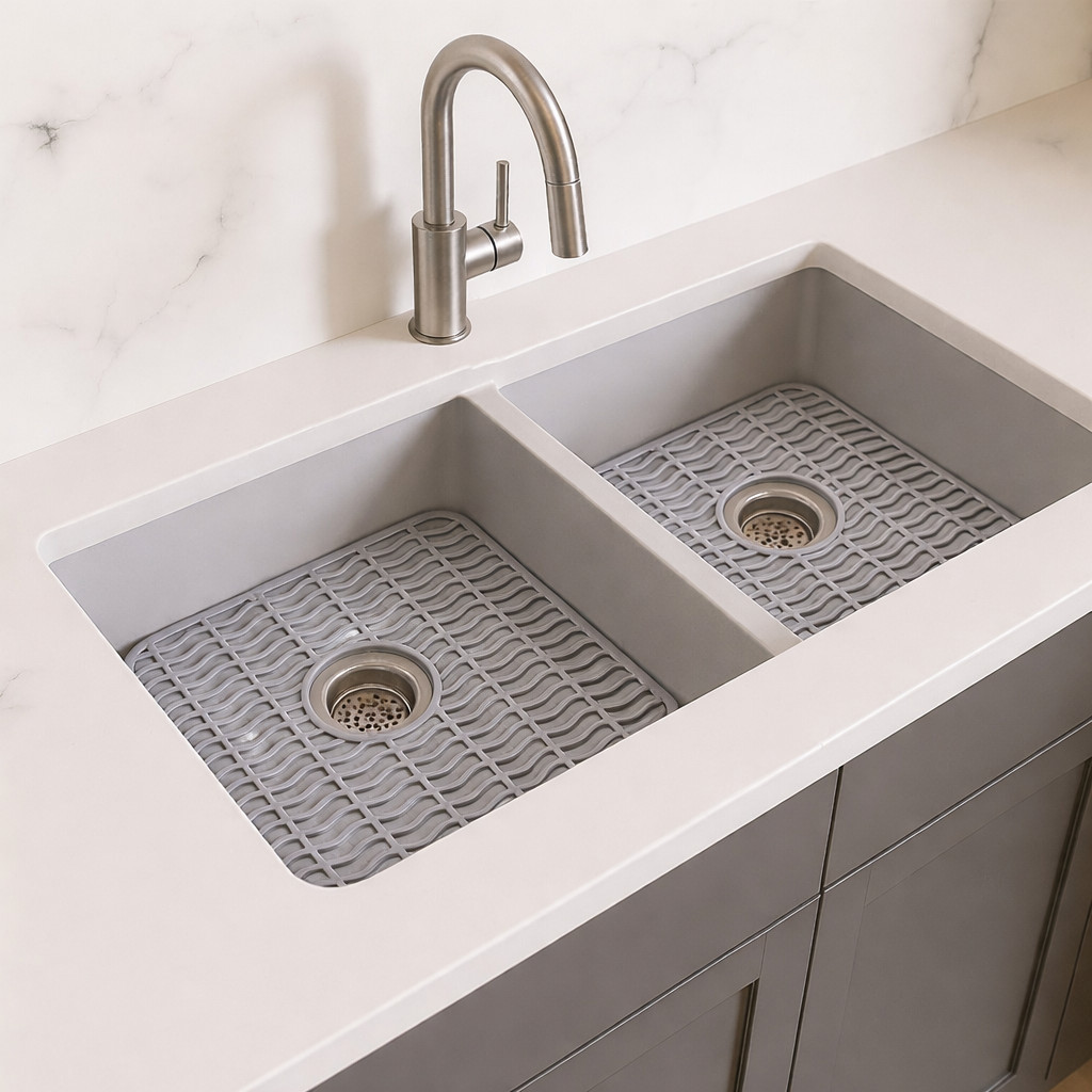 Sink Protector Mat 2 Pack Plastic with Center Drain Cutout Protect Gray 11 x 12" gallery