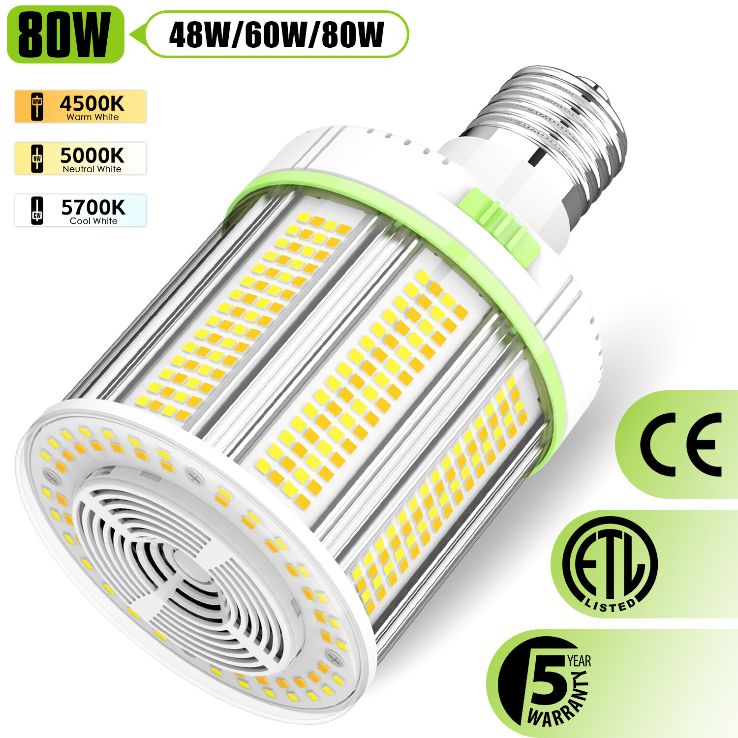 80 WATT LED Corn Light 4500K/5000K/5700K Commercial COB Bulb Lamp E39 Mogul Base gallery