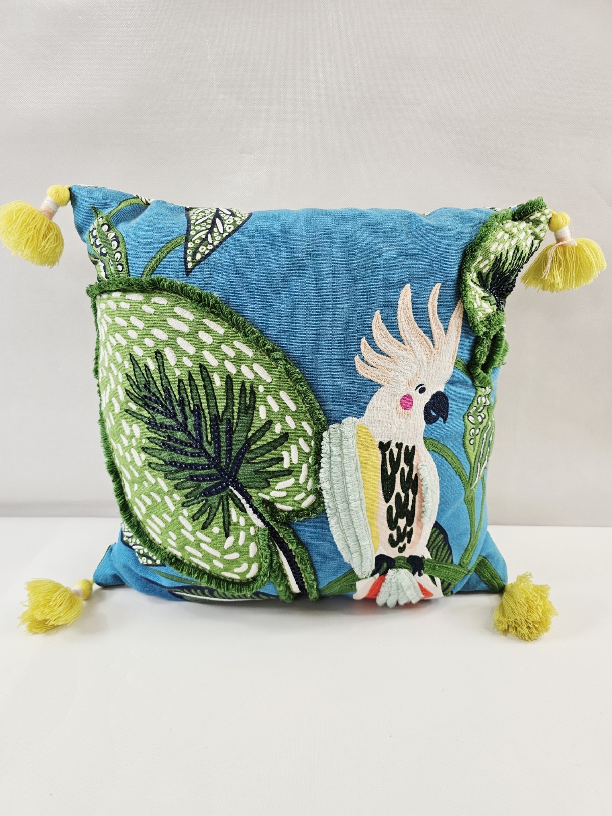 Embroidered Cockatoo & Palm Leaf Tasseled Decorative Pillow 15 X 15 gallery