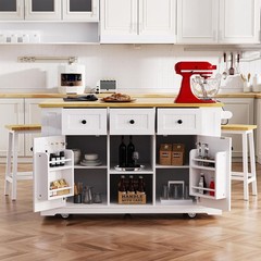 Rectangle Kitchen Island Table 53 in. Kitchen Island on Wheels in White Finish