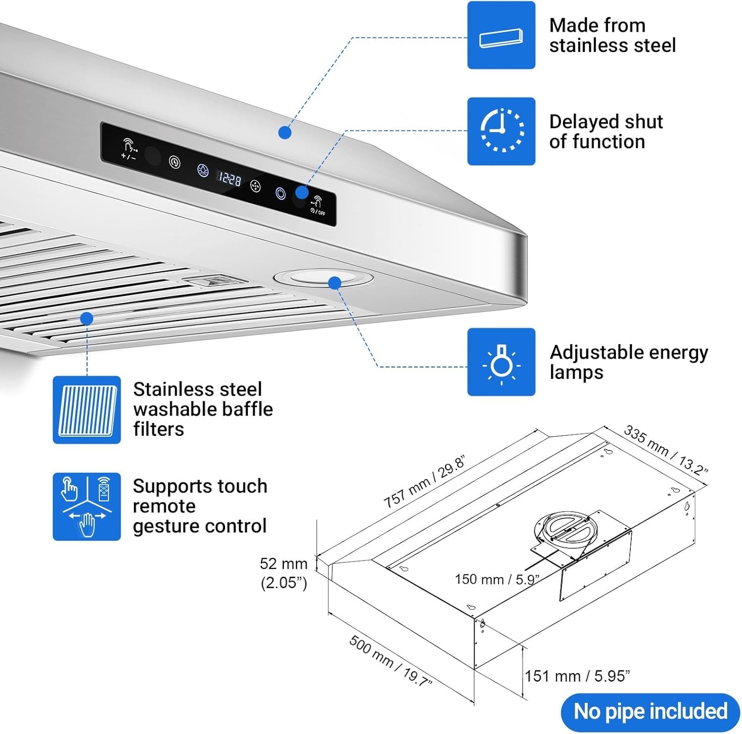 AMZCHEF under Cabinet Range Hood 30 Inch, 750CFM Stainless Steel Kitchen Stove V gallery