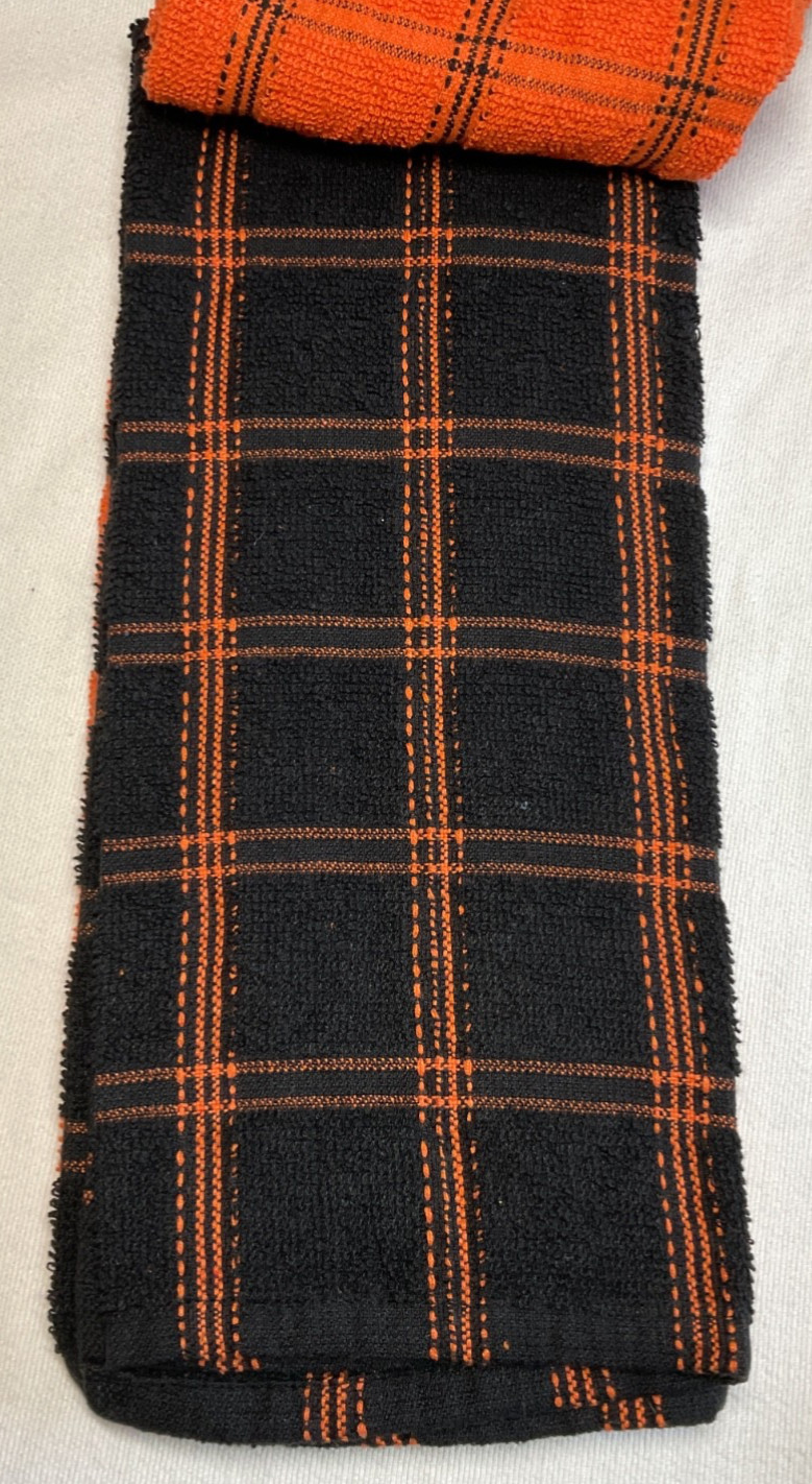 MAX STUDIO KITCHEN TOWELS (3) ORANGE BLACK CHECK COTTON POLYESTER NIP gallery