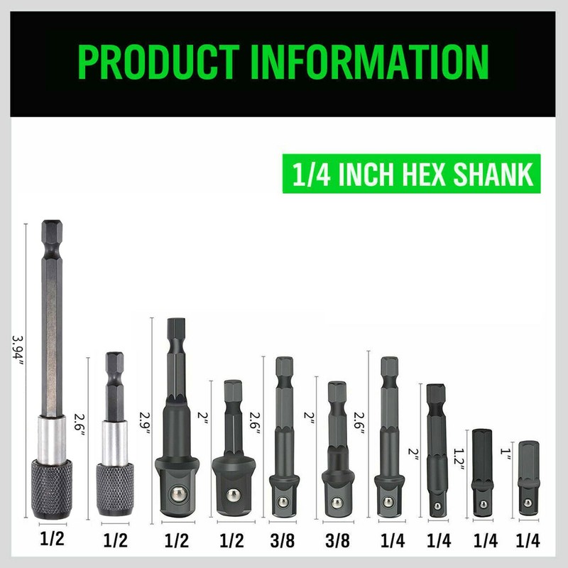 10pc 4" & 3" Impact Grade Socket Adapter Set 1/4" 3/8" 1/2" Drive 1/4" Hex Shank gallery