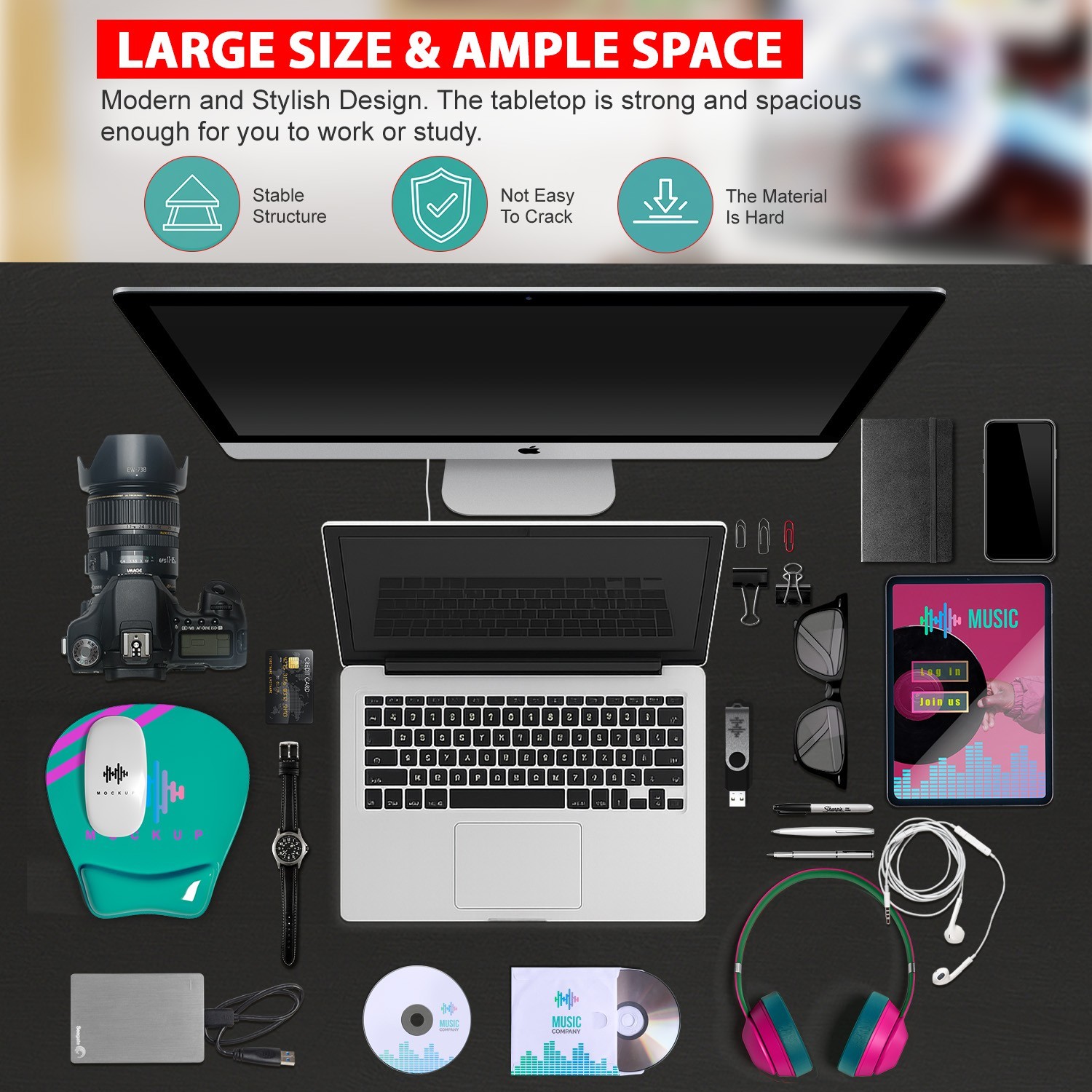 55 Inch Computer Desk Black Office Desk with Metal Frame, Scratchproof Surface gallery