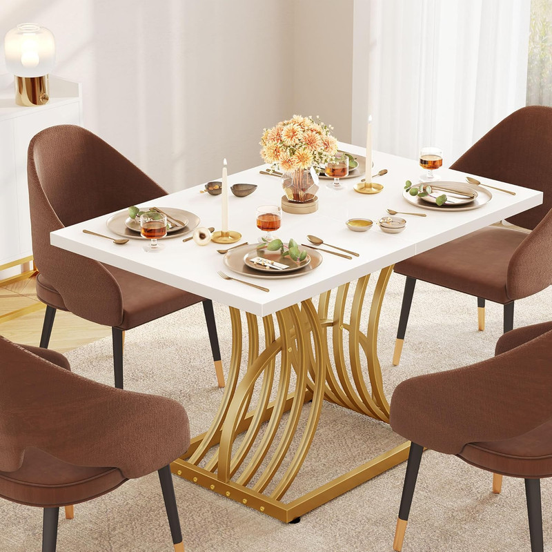 Stylish 47" Rectangular Dining Table for 4 with White Top & Gold Legs gallery