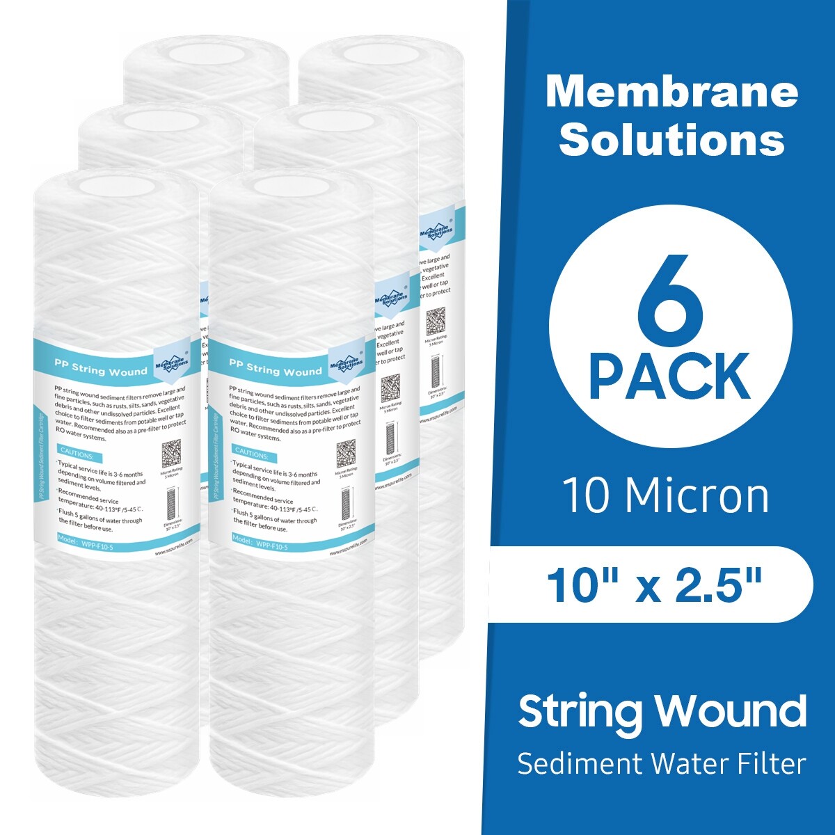 6 Pack 10 Micron 10"x2.5" String Wound Whole House RO Well Water Sediment Filter gallery