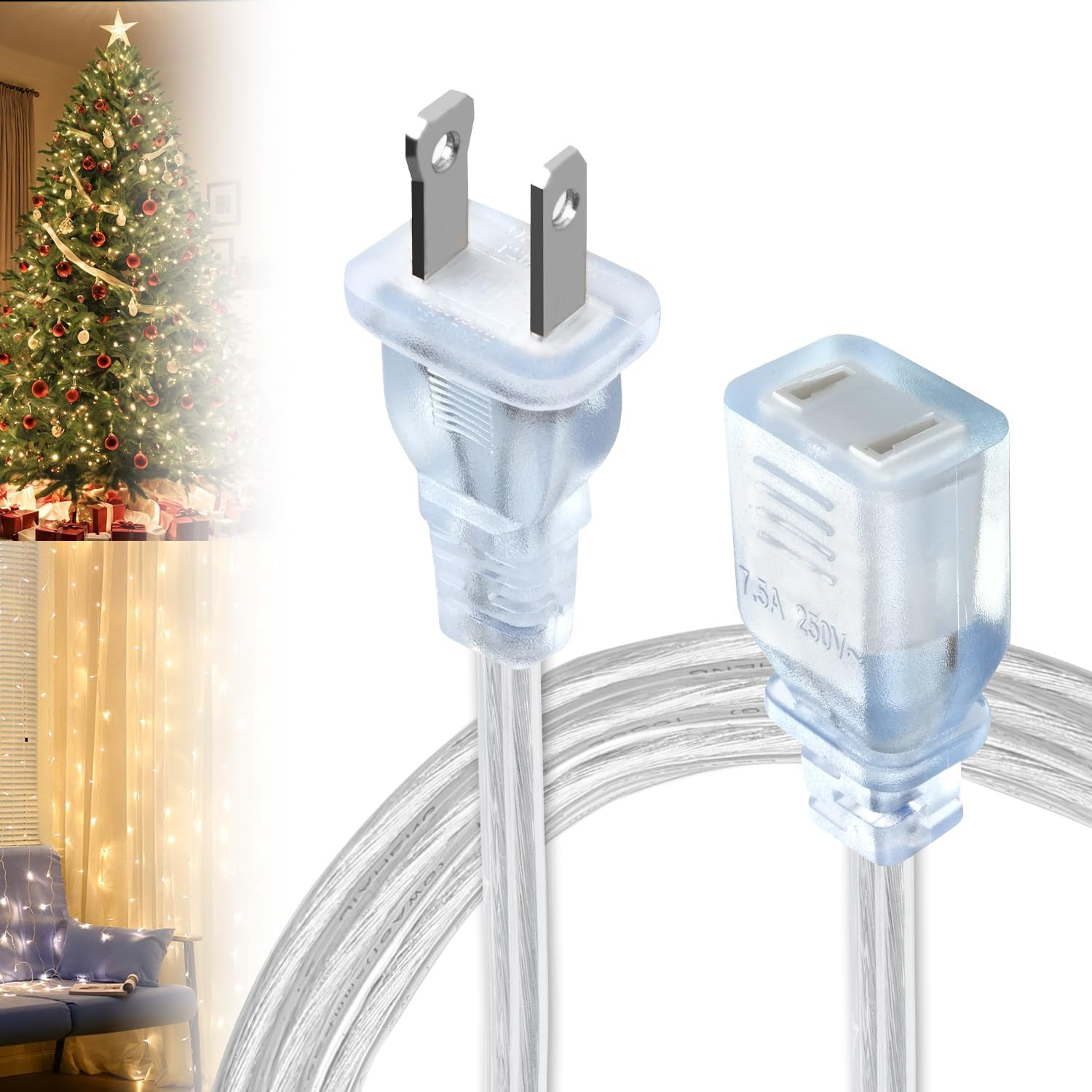 Short Clear Extension Cord 3FT, 1 Pack Single Skinny Extension Cord Indoor Thin, gallery