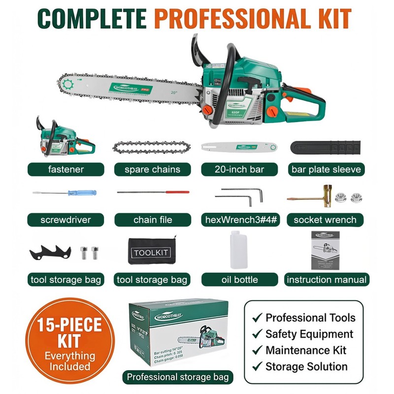 62cc 2-Stroke Gas Chainsaw, 20" Bar, Ergonomic Handle, Anti-Vibration gallery