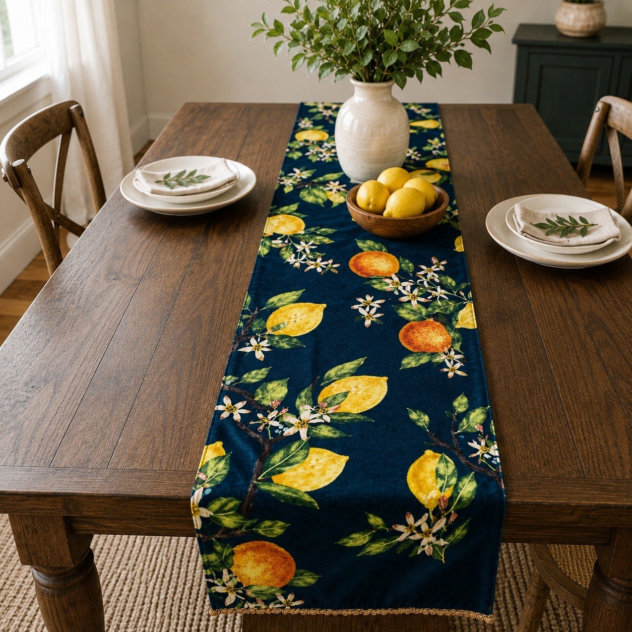 Nicole Miller Home Citrus Fruit Table Runner Lemon Boho Floral Navy Cottagecore gallery