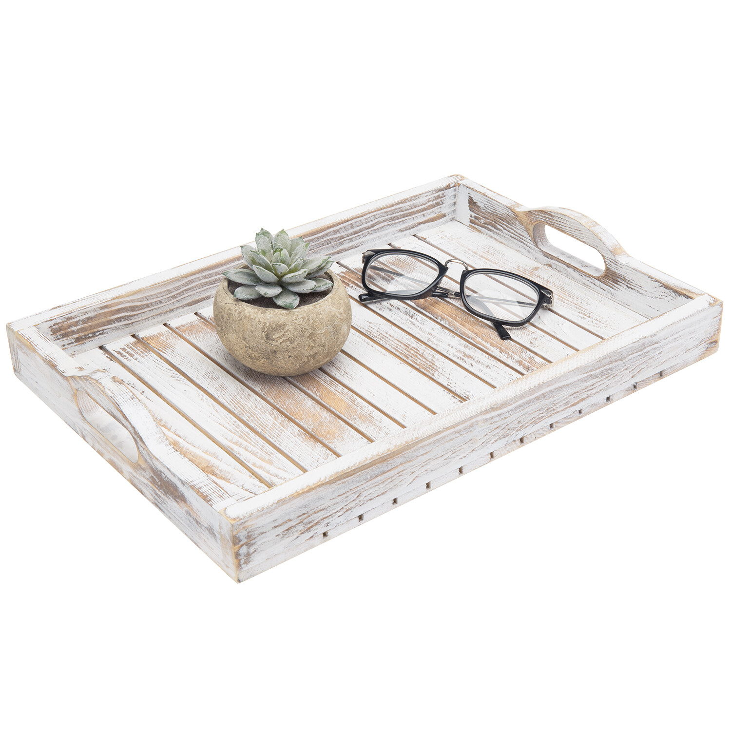 MyGift Shabby Chic Whitewashed Wood Breakfast Serving Tray with Cutout Handles gallery