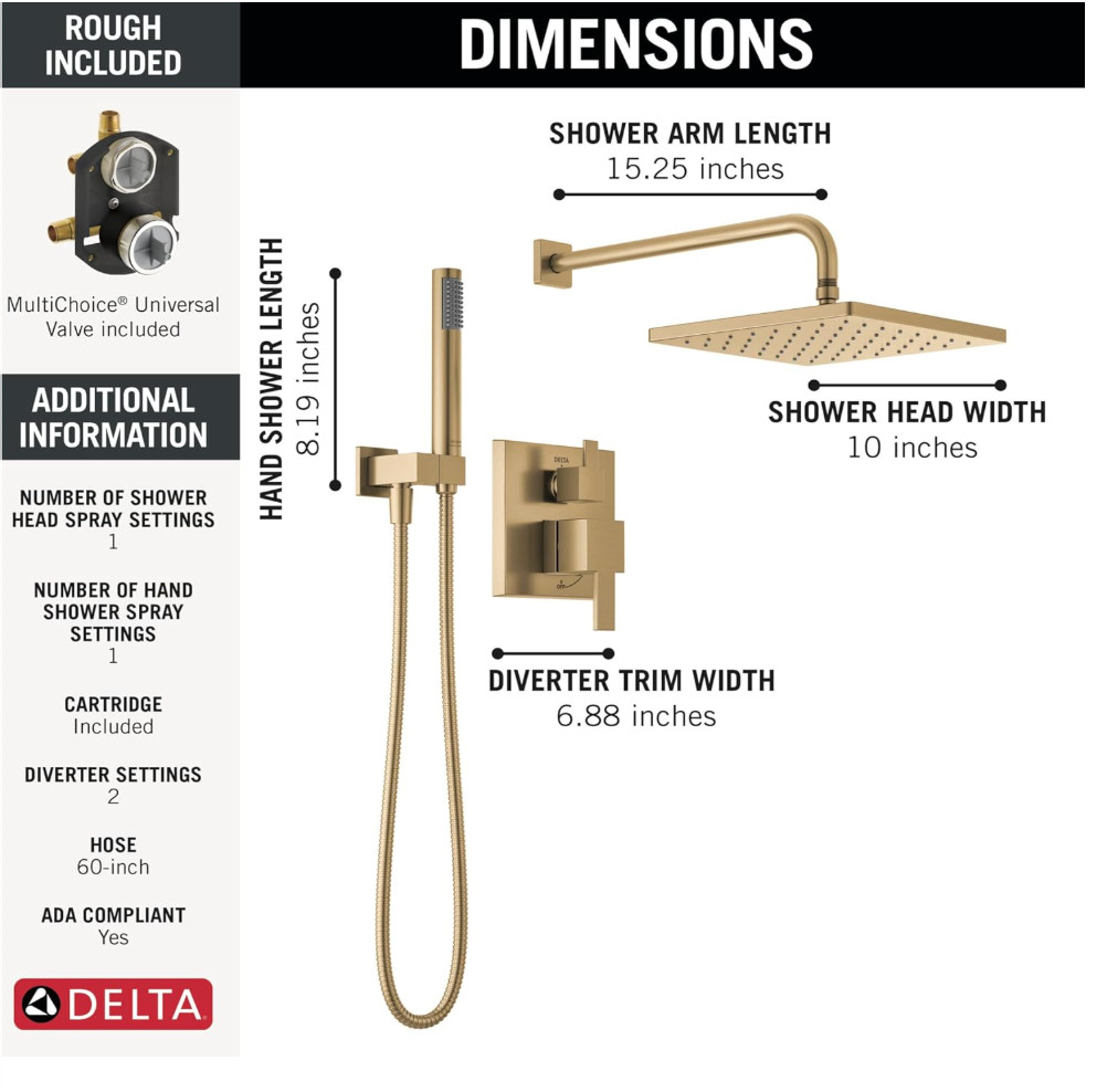 Delta 342701-CZ Modern Square Raincan Shower System Champagne Bronze - NEW gallery
