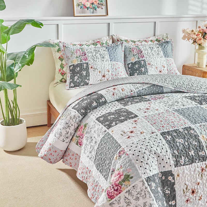 Patchwork Quilt Set California King Size,3 Pieces Gray White Pink Floral Plai... gallery