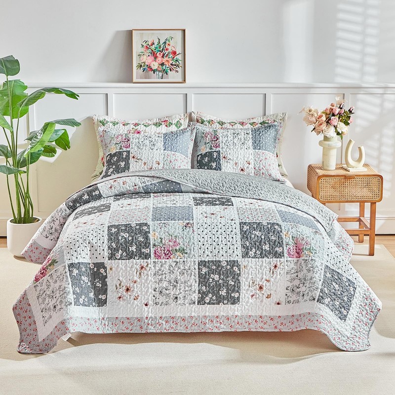 Patchwork Quilt Set California King Size,3 Pieces Gray White Pink Floral Plai... gallery