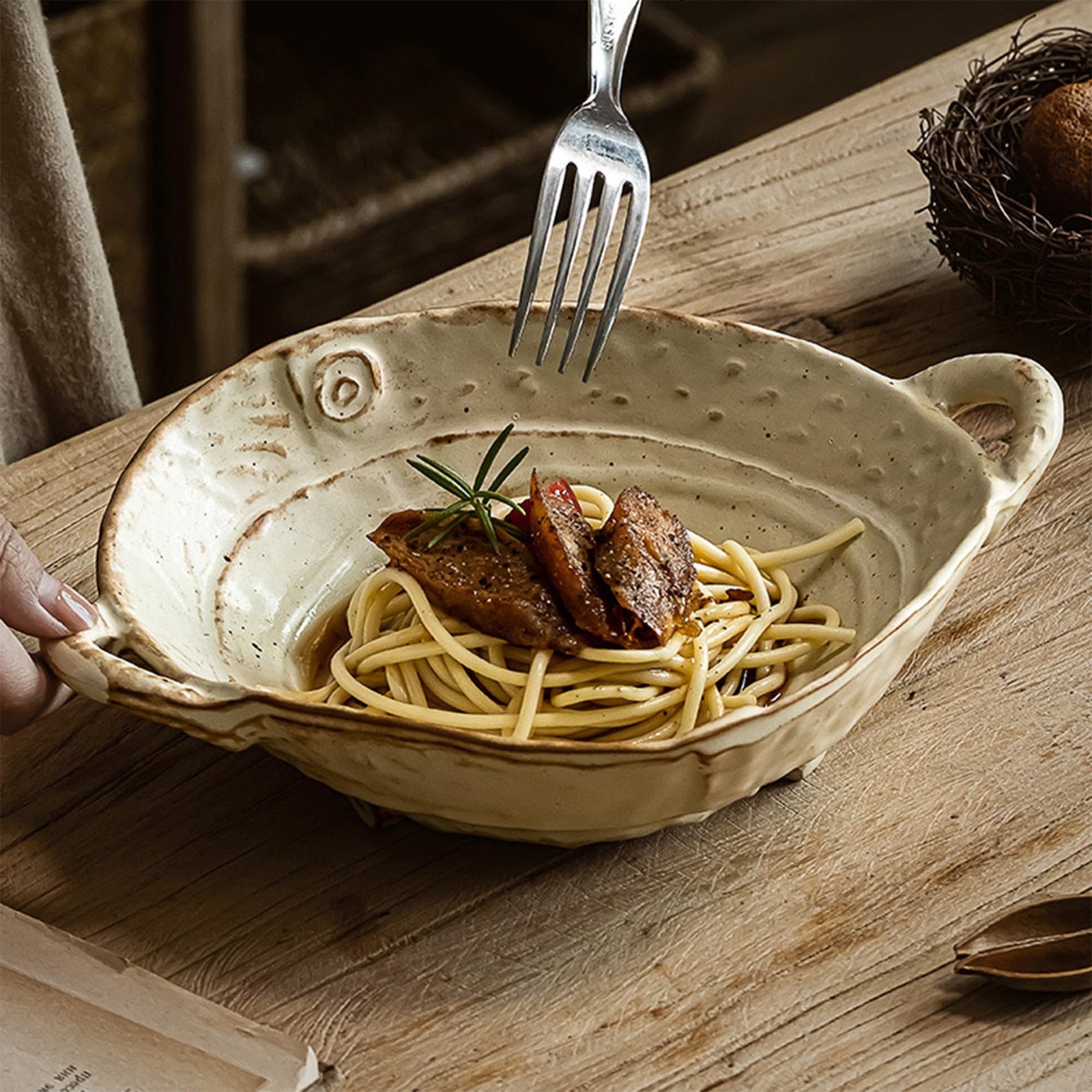 Free-Form Edge Small Ceramic Bowl with Handles, Distressed Style Glazed for F... gallery