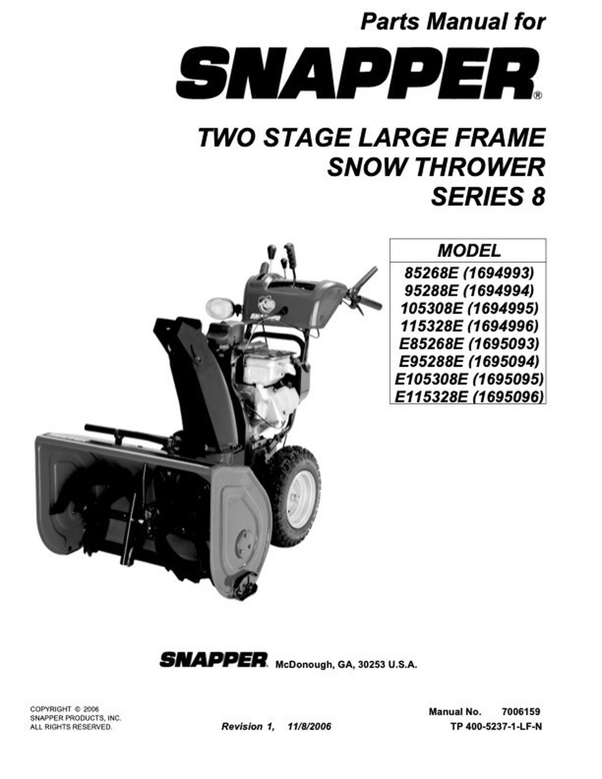 Parts Manual Snapper Two-Stage Large-Frame Snow Thrower Series 8 gallery