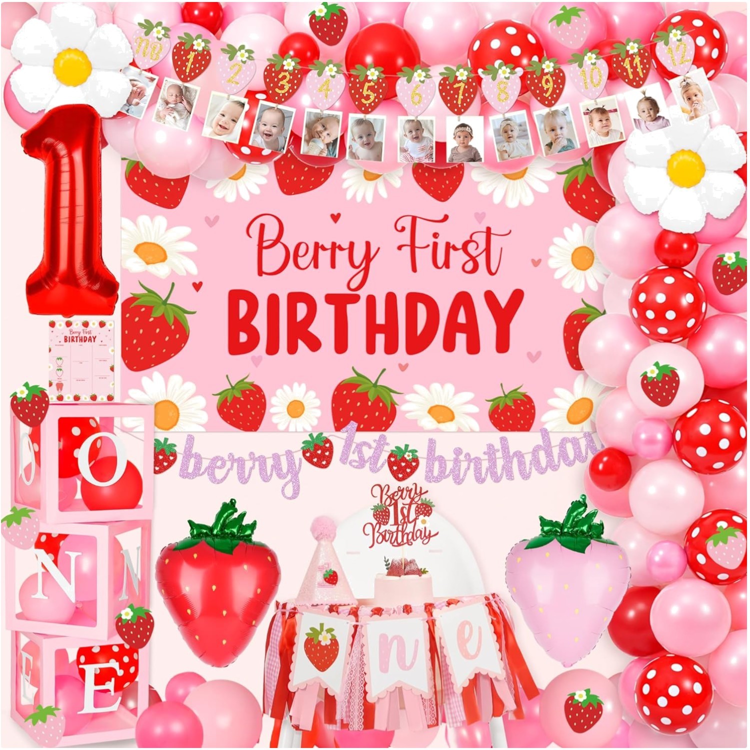 Complete Berry First Birthday Decor Set for Girls with DIY Balloon Arch Kit gallery