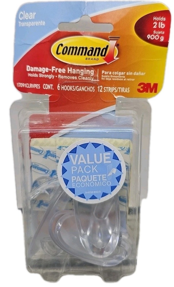 4-Pk 3M Command Clear Medium Hooks, Clear, Holds 2 lb, 6 Hooks, 12str [B1]