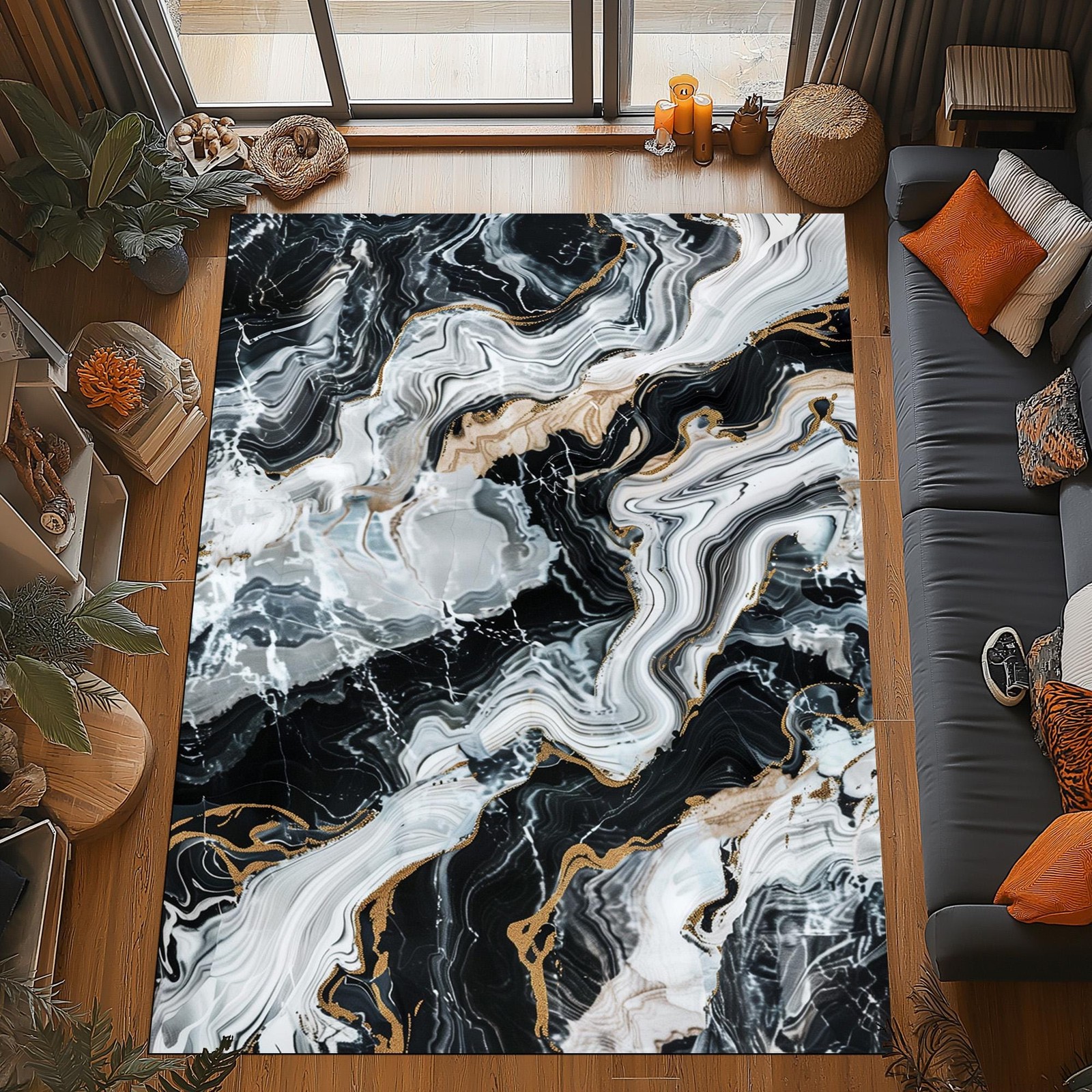 Black White Gold Marble Area Rug Abstract Vein Pattern Modern Luxury Decor gallery
