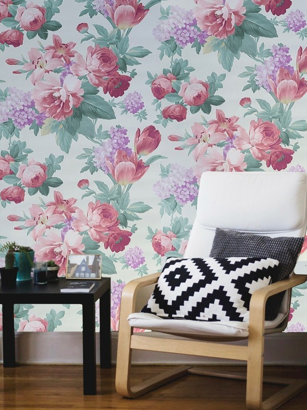 Off white green pink red purple flowers floral faux fabric textured Wallpaper 3D gallery