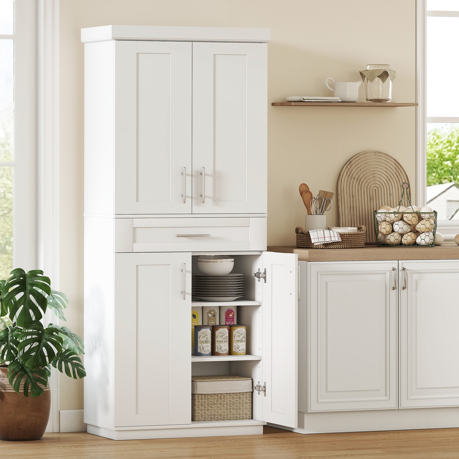 HOMCOM Kitchen Pantry with Doors and Drawer, Adjustable Shelves, White gallery