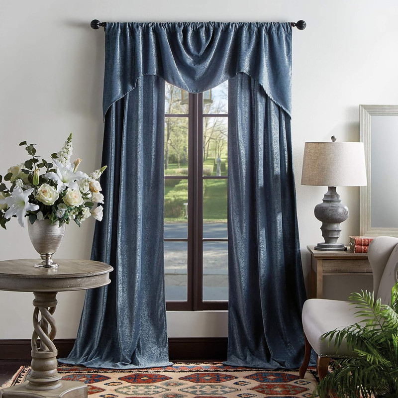 Navy Naples Chenille Back Tab Window Curtain Panel Pair, 84" Long gallery