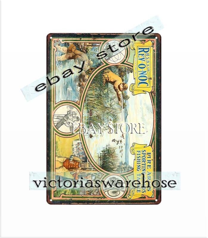 Rev-O-Noc FIRE ARMS SPORTING GOODS FISHING TACKLE metal tin sign dining wall gallery