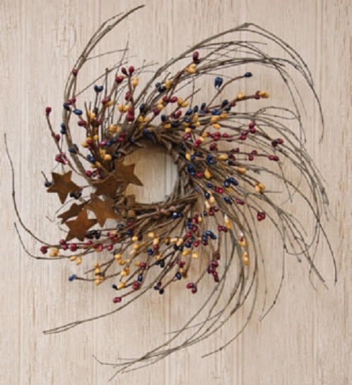 NEW Primitive Berries TWIG WREATH 8" MUSTARD BURGUNDY BLUE RUSTY STARS AMERICANA gallery