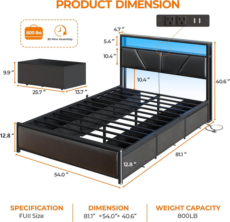 Full Size Bed Frame, 2-Tier Storage Headboard & 6 Fabric Drawers, PU Leather Uph gallery